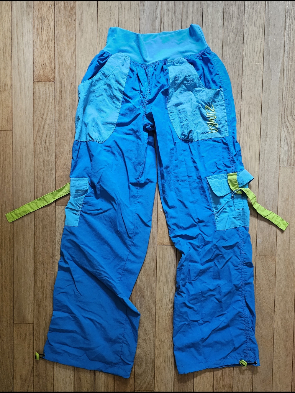 Vintage Zumba Wear Blue Lime Parachute Cargo Dance Pants Wide Leg Rave Fitness